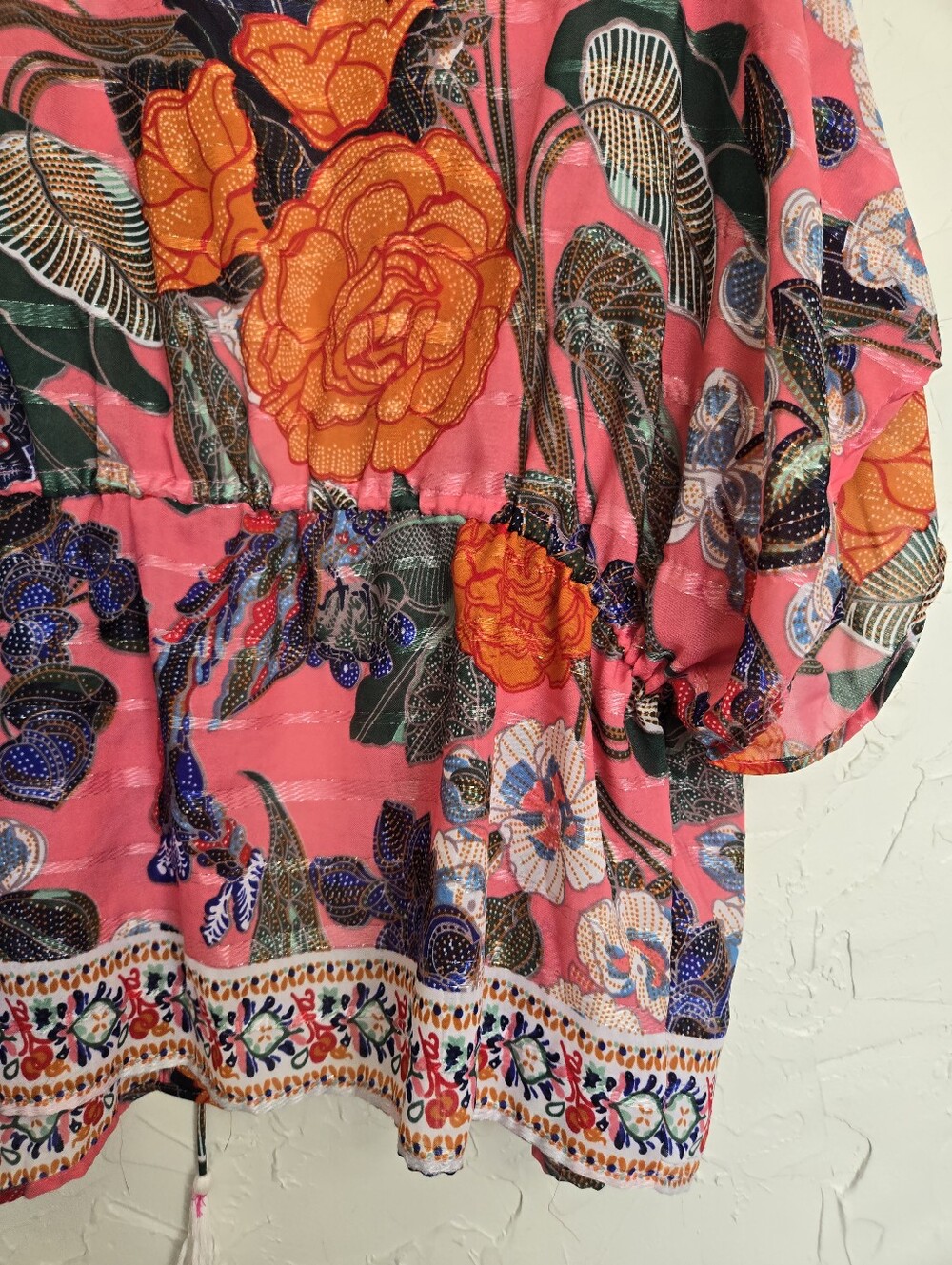 Free People Metallic Stripe Floral Drawstring Waist Pink Orange Kimono Top, OS - Picture 7 of 11